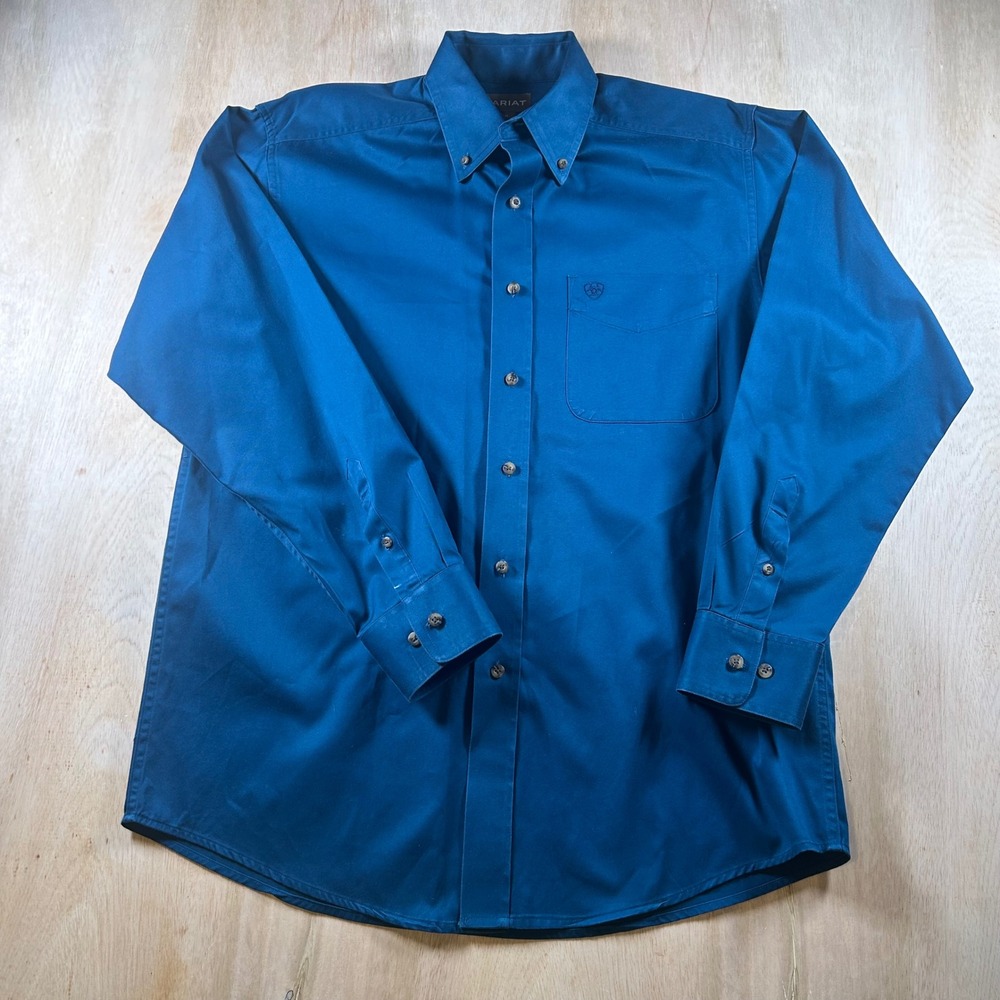 Ariat Mens Medium Teal Blue Long Sleeve Button Down Western Cotton Twill Shirt